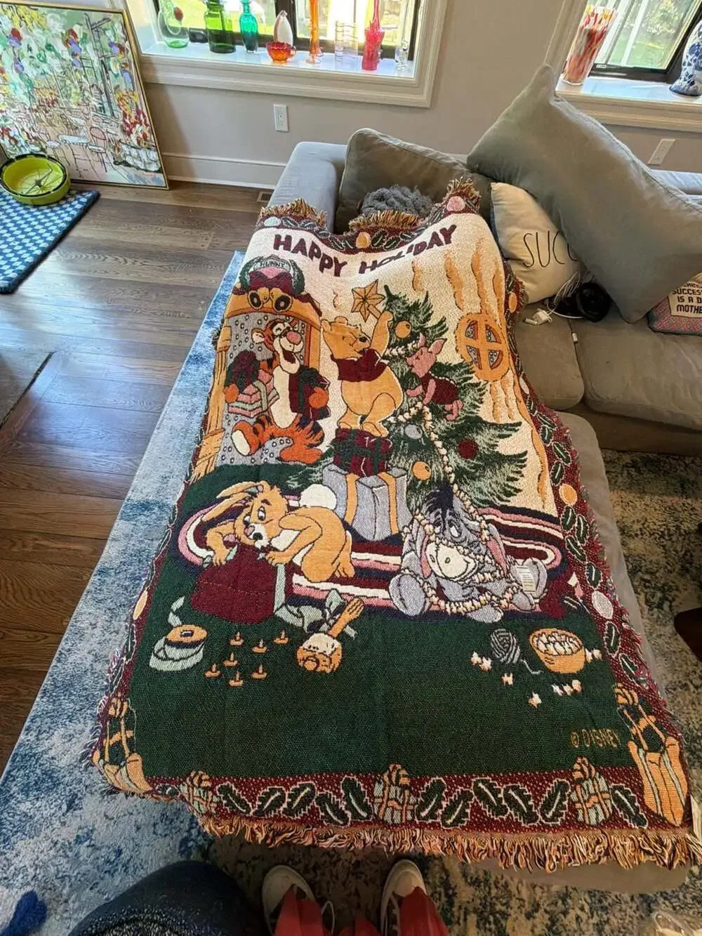 Vintage Disney Winnie the Pooh Christmas Woven Throw Blanket 46.5x67 1990s